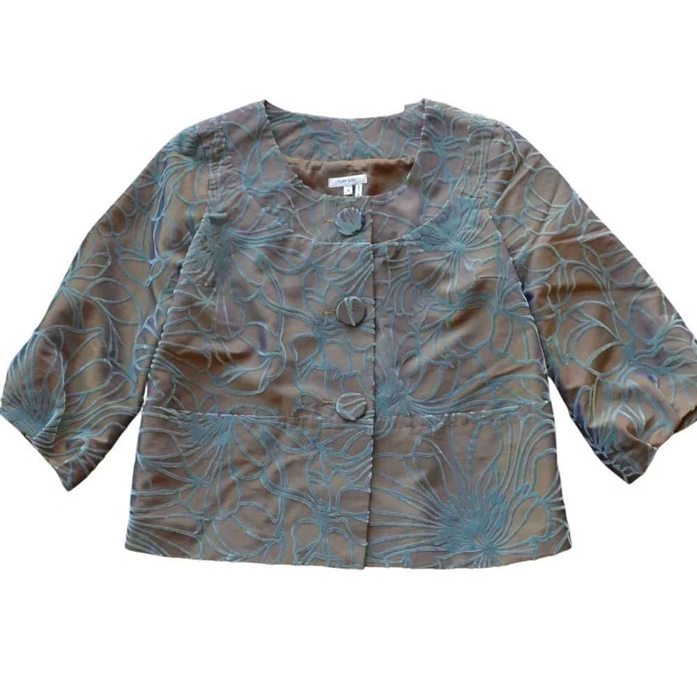 Tyler Boe Cropped Velvet Floral Buttoned Swing Jacket Brown Gray Size 4